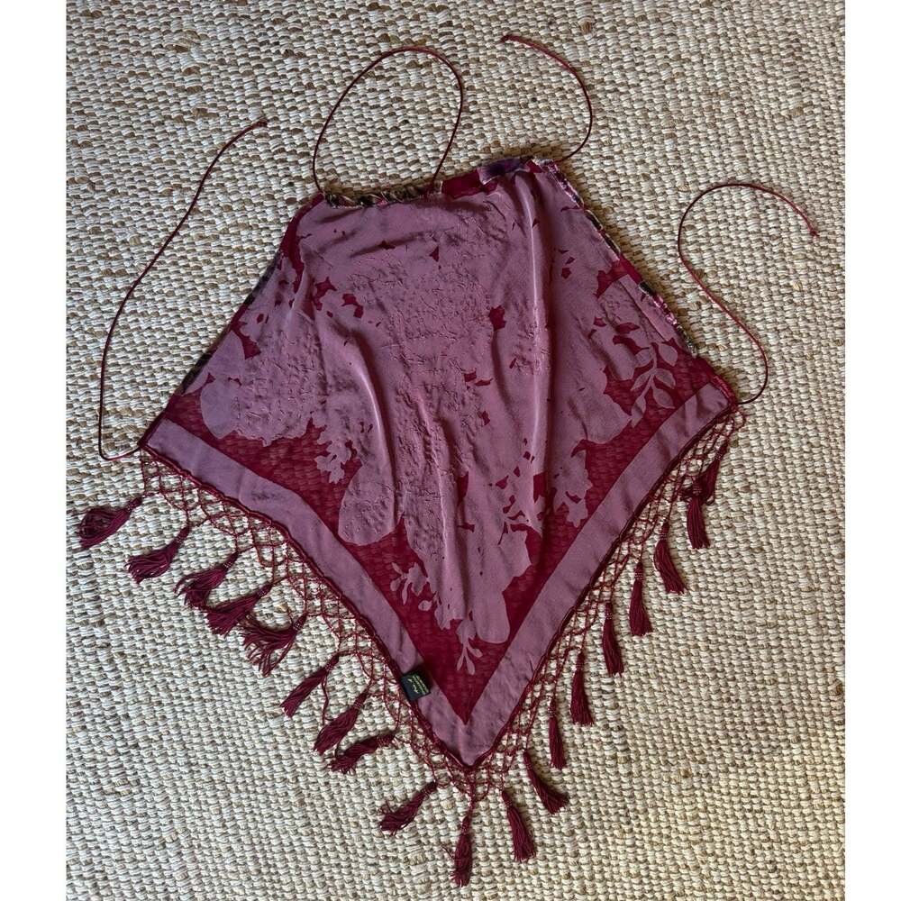 Vintage Aris A Silk Glass Beaded Fringe Velvet Floral Red Halter Top Holiday - Picture 5 of 8